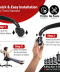 Installation guide for heavy duty office chair caster wheels set of 5, shows step-by-step process on smooth silent glide on floors