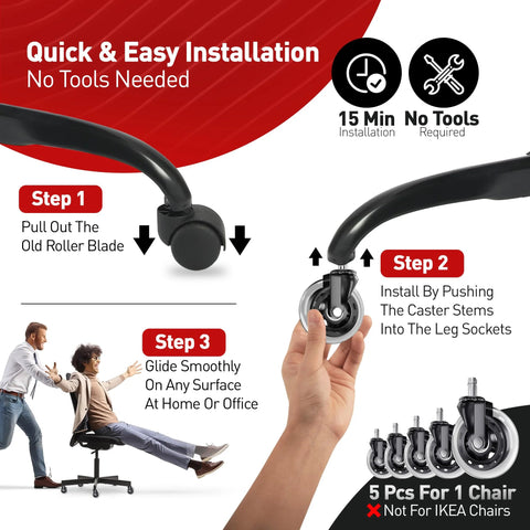 Installation guide for heavy duty office chair caster wheels set of 5, shows step-by-step process on smooth silent glide on floors