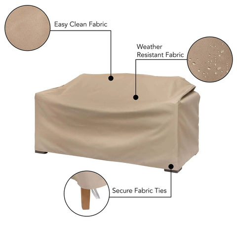 Khaki Heavy Duty PVC Patio Loveseat Cover With Waterproof Backing Keeps Your Outdoor Sofa Dry Rain Or Shine Size 55 Inches Long By 33 Inches Wide By 38 Inches High Fits Most Standard Love Seats And Blocks Dust And Debris showing easy clean fabric and secure ties