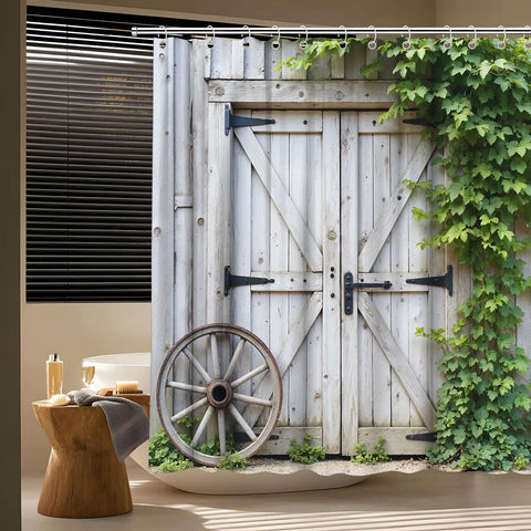 Farmhouse Shower Curtain With Green Ivy Leaves And Gray Wood Plank Look And Country Cabin Vibe Durable Polyester With Hooks 70x70 Inches