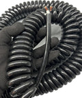 Heavy Duty Two Core Coiled Extension Cord With Smooth Retractable Stretch Design, showing coiled black cable in hand.