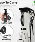 Water Powered Golf Club Brush Cleaner with Retractable Clip attached to a white golf bag, close-up of product features