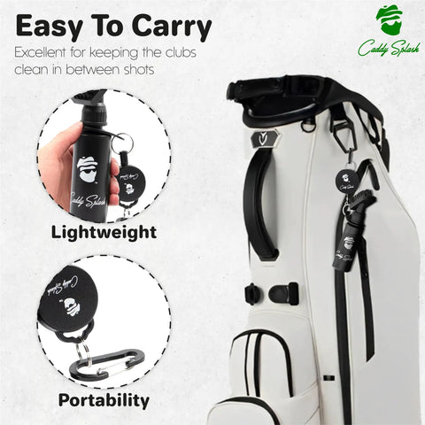 Water Powered Golf Club Brush Cleaner with Retractable Clip attached to a white golf bag, close-up of product features