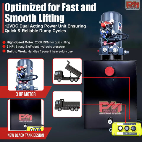 12V DC Double Acting Hydraulic Pump For Dump Trailer Power Unit With Remote Controller And Steel Reservoir 15 Quart Capacity Beefy Heavy Duty Dump Trailer Pump DC 45597 15S