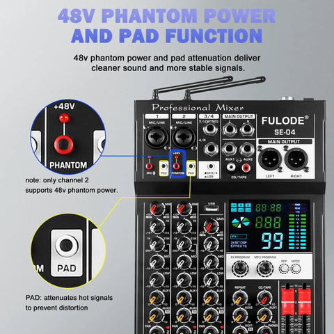 Image of 4 Channel Audio Mixer With Dual Wireless Microphone System 99 DSP Effects Pro DJ Console showing 48V Phantom Power feature.