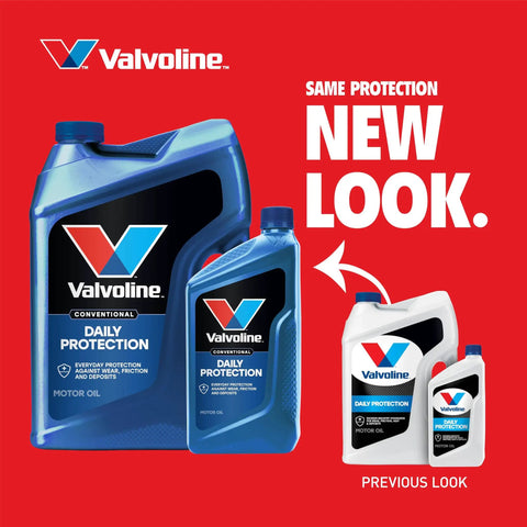 Valvoline Daily Protection motor oil in new and old packaging on red background