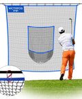 Golfer using 10 By 10 Ft Golf Net With Target Pocket For Home Practice And Multi Sport Training, blue edges and central target visible.