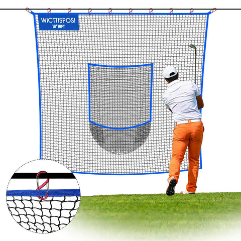 Golfer using 10 By 10 Ft Golf Net With Target Pocket For Home Practice And Multi Sport Training, blue edges and central target visible.