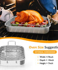 15.6 Inch Nonstick Stainless Steel Roasting Pan With V Shaped Rack in oven, showcasing a cooked turkey with vegetables