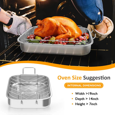 15.6 Inch Nonstick Stainless Steel Roasting Pan With V Shaped Rack in oven, showcasing a cooked turkey with vegetables