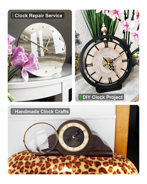 Assorted clocks in repair and DIY projects with antique gold clock hands, black and gold themes on various surfaces.