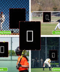 Collage showing Portable 6x8 Ft Baseball Batting Backstop With Quick Setup PVC Vinyl Backdrop Target in different practice locations