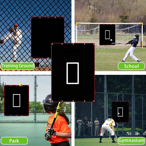 Collage showing Portable 6x8 Ft Baseball Batting Backstop With Quick Setup PVC Vinyl Backdrop Target in different practice locations