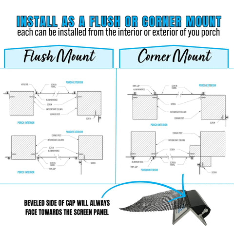 Diagram showing flush and corner mount options for No Spline Screened Porch Kit For Quick Mess Free Screen Install 96 Inch Bronze 5 Pack Aluminum Base And Vinyl Caps Porch Screening System For Mesh Screen Patio Enclosures.