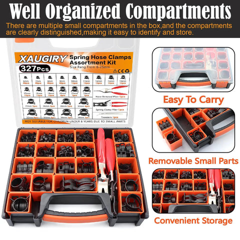 327 Piece Spring Hose Clamp Assortment Kit With Pliers And Tweezers For Fuel Line Vacuum Silicone Air Hoses 6 To 38mm Carbon Steel Heavy Duty Fixin case with organized compartments and removable small parts