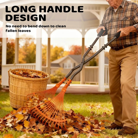 Leaf Grabber Rake With Long 36 Inch Handle For Easy Lawn Cleanup Heavy Duty Garden Tool With Flexible Tines That Open Wide To Scoop Debris And Close Tight Black And Orange Finish Back Saving Design