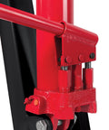 Close-up of red dual pump pistons on 2 Ton Folding Engine Crane With Dual Pump Pistons For Faster Lifts And Easy Pump Action Low Profile 4.7 Inch Legs