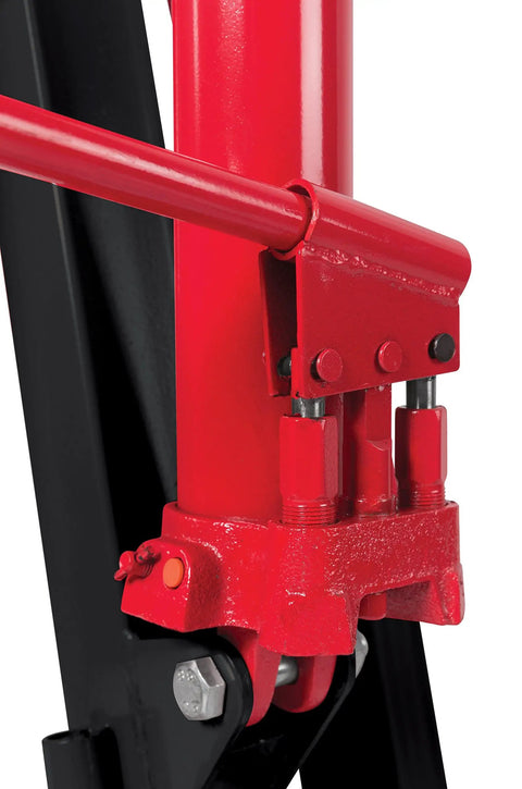 Close-up of red dual pump pistons on 2 Ton Folding Engine Crane With Dual Pump Pistons For Faster Lifts And Easy Pump Action Low Profile 4.7 Inch Legs