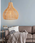 Small Rattan Pendant Light For Kitchen Island With Boho Wicker Chandelier Look in cozy living room setting