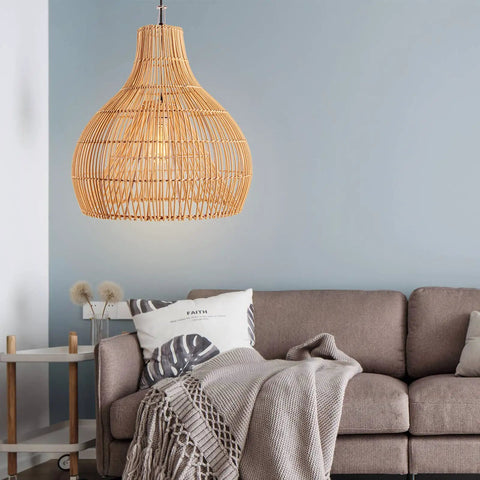 Small Rattan Pendant Light For Kitchen Island With Boho Wicker Chandelier Look in cozy living room setting