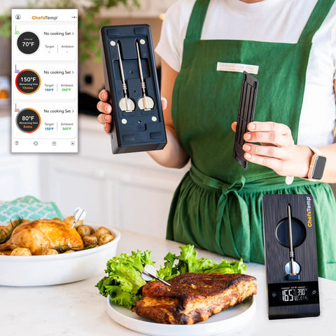 ProTemp 2 Plus Wireless Meat Thermometer With Temperature Controller, shown with probe, stand, and digital display in kitchen setting