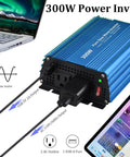 Pure Sine Wave Power Inverter 12V DC To 120V AC 300W With Dual 110V Outlets And USB 5V 2A Handy Car And RV Power Adapter Blue