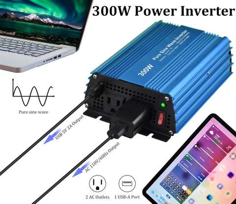 Pure Sine Wave Power Inverter 12V DC To 120V AC 300W With Dual 110V Outlets And USB 5V 2A Handy Car And RV Power Adapter Blue
