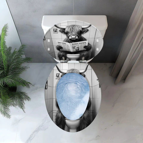 Elongated Resin Toilet Seat, Bathroom, featuring a humorous cow design on the lid with a blue toilet bowl visible, top view.
