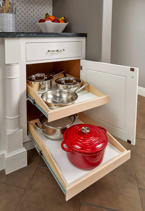 Heavy Duty Custom Fit Slide Out Shelf With Full Extension Glide Rails For Kitchen Cabinets holds pots in a white cabinet.