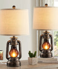 Rustic Farmhouse Lantern Table Lamps Set of 2 With USB Ports, Vintage Resin Bedroom and Living Room Lamps on a desk