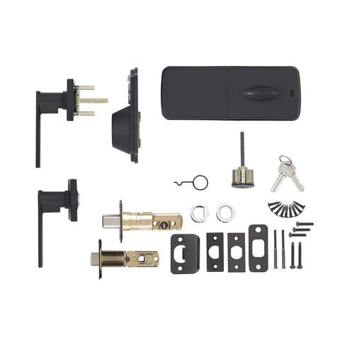 Solid Electronic Keypad Lock With Keyless Entry Motorized Deadbolt And Matte Black Lever. Hella Smooth Auto Locking For Legit Home Security. Heavy Duty Zinc Body Guarantees A No Hassle Quick Front Door Upgrade
