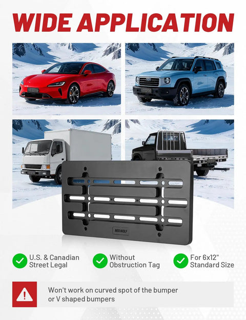 Front License Plate Bracket Holder Frame Universal Fit For Cars Trucks Vans And SUVs With 6 Screws And Wrench Kit, black frame shown with vehicles and text highlights