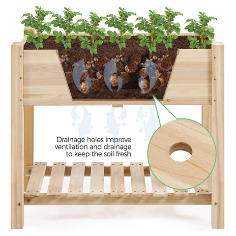 Raised Garden Bed With Legs And Storage Shelf For Backyard Patio Or Balcony Wooden Elevated Planter Box 34 By 18 By 30 Inches Solid Fir Wood Easy Assembly showing drainage holes and storage shelf.