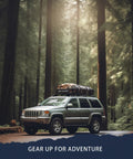SUV with Slim Roof Rack Cargo Basket 64x23x6 Inches in forest setting, ideal for camping gear and outdoor adventure transport.