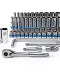 Three Eighths Inch Drive Ratchet And Socket Set, 53 Piece, Standard And Deep Metric And SAE Sockets From Five Sixteenths To Seven Eighths, Chrome Vanadium Steel Construction