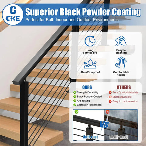 Heavy Duty 10 Foot Stainless Steel Cable Railing Handrail Built Tough For Your Deck Or Stair Project with black powder coating.
