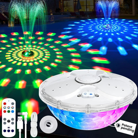 Floating LED Pool Fountain With Remote And 8000mAh Battery, 4.3Ft Spray, multicolored lights in above ground pool scene
