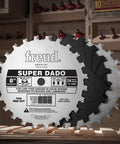 Close-up of 8-inch Freud Super Dado blade set on a wooden workbench in a workshop, highlighting blade details and teeth design.