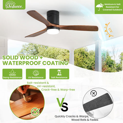 52 Inch Low Profile Ceiling Fan With Light In Walnut Dope 5000 CFM Airflow Whisper Quiet DC Motor Six Speeds Timer Reversible ETL Listed Modern Flush Mount Solid Wood Blades Great For Living Room And Bedroom with solid wood and waterproof coating.