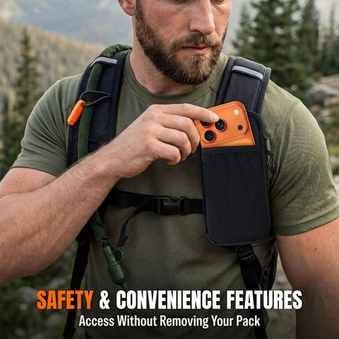 Man using phone pouch on 25L Hydration Backpack for Hiking, Biking and Travel, Lightweight Daypack With Water Bladder