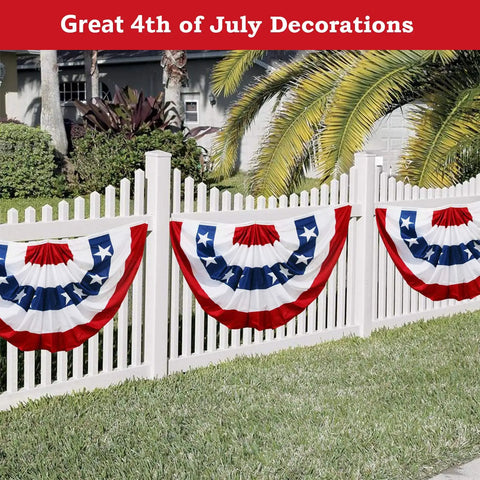3x6 Ft Pleated All American Flag Bunting For Outside And Indoor Patriotic Half Fan Banner With Brass Grommets on white fence