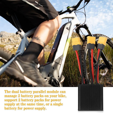Dual Battery Parallel Connector For Electric Bikes 20V-72V DC Power Kit with XT60 Plug 40A mounted on e-bike in nature