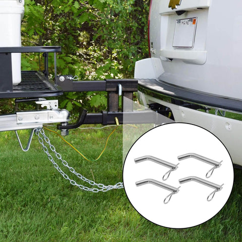 Four Pack Steel Trailer Hitch Pin And Clip With Grooved Head Fits 2 Inch Or 2 And A Half Inch Receivers 5/8 Inch Diameter Towing Pin For Beefy Hauling Easy Install And Rock Solid Attachment On Your Trailer displayed next to installed trailer hitch on a vehicle