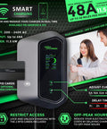 Heavy Duty Level 2 EV Charger 48 Amp Wall Mount Station with display, RFID cards, and adjustable settings for easy use.