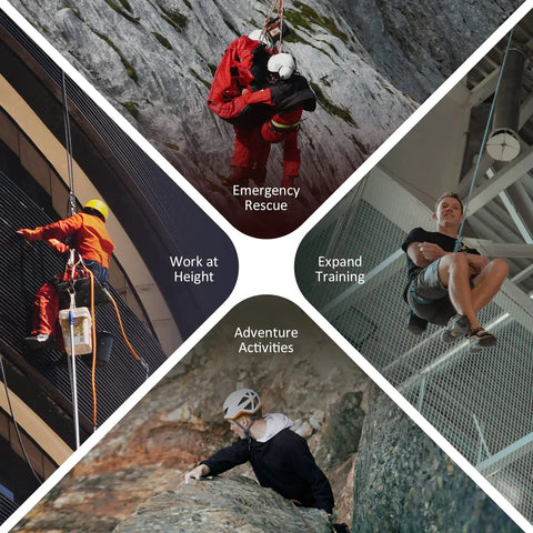 Collage of activities using zipline pulley: emergency rescue, work at height, adventure activities, training on climbing wall.