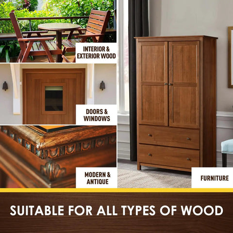 Quick Drying Water Based Wood Stain In Rich Teak Hue adds a smooth matte glow to furniture and doors; suitable for all wood types.