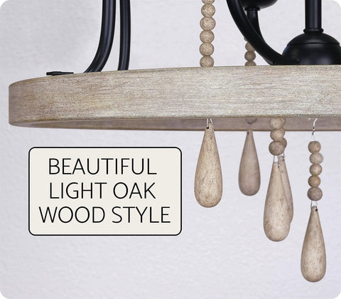 Detail view of Three-Light Farmhouse Pendant Chandelier With Hanging Wood Accents In Light Oak And Black Finish 23-Inch