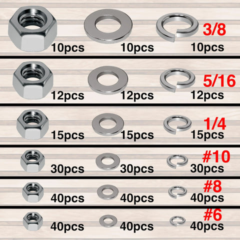 Assorted stainless steel hex nuts, flat washers, and lock washers kit; 431 pieces, sizes #6–#10 and 1/4–3/8.