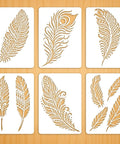 Awesome Boho Feather And Mandala Stencil Set, six intricate feather templates on white, flexible PET material, for DIY decor.