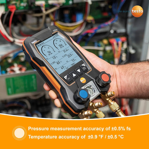 Testo 550s digital HVAC manifold gauge held in hand, with pressure and temperature readings on screen